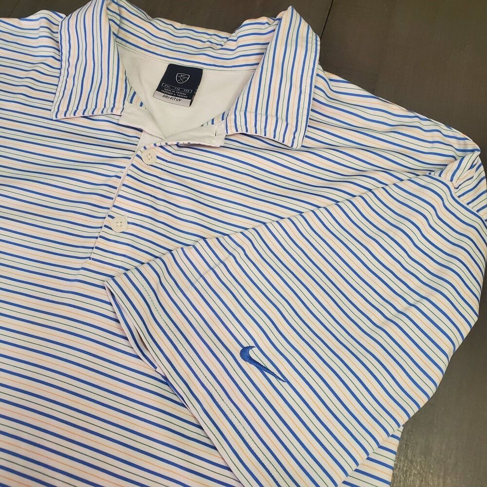 Nike Golf Dri Fit UV Polo Shirt Mens Size 2XL White Blue Striped Performance